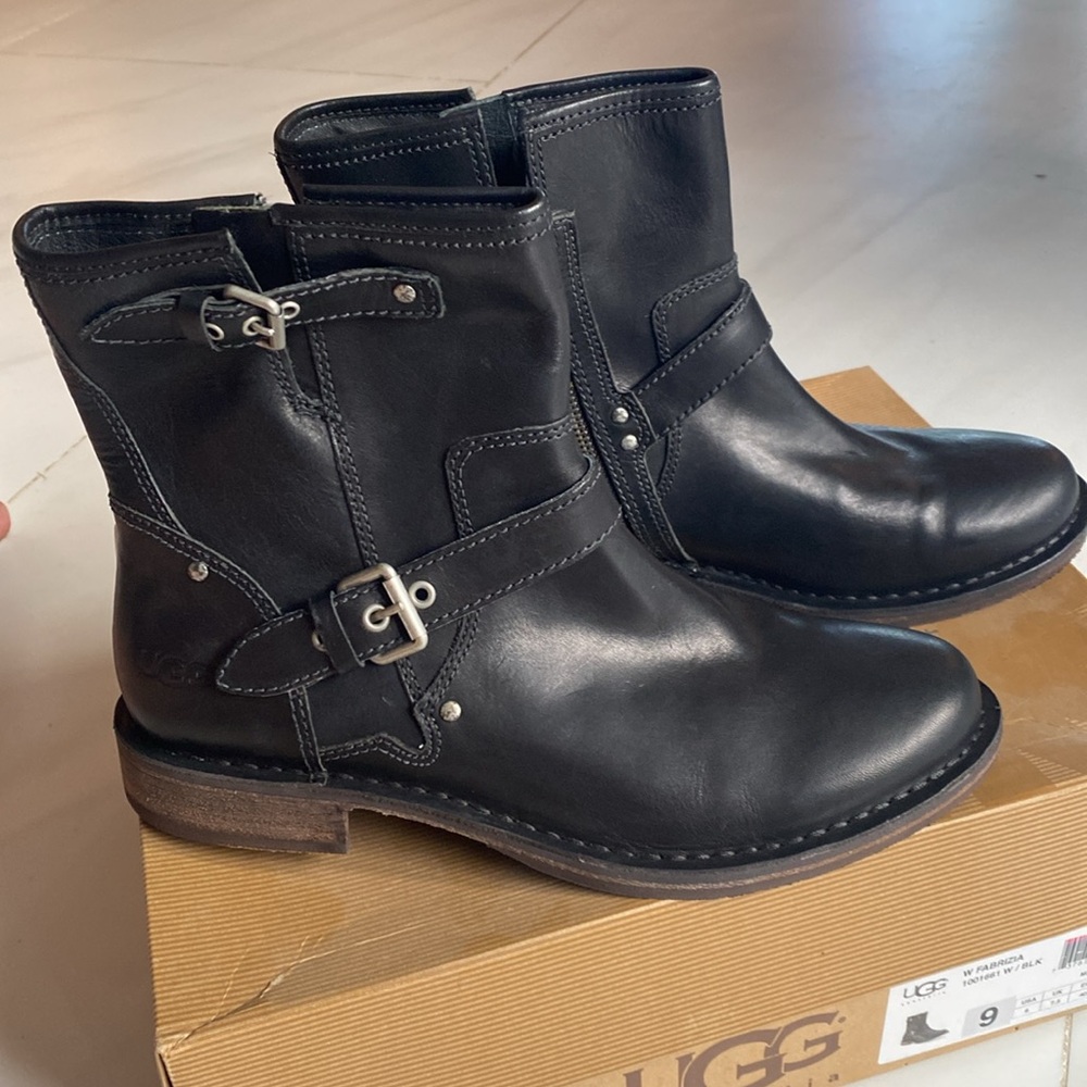 UGG Black Leather Combat & Moto Boots